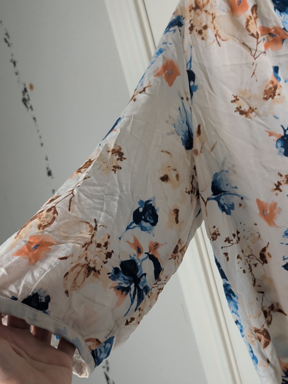 Floral Split-Neck Blouse in Cream and Blue - Picture 8 of 10